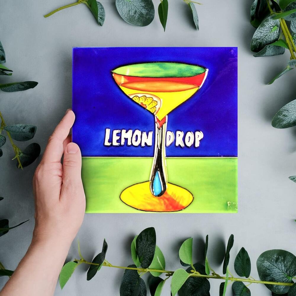 Art Decorative Ceramic Art Tile  8"x8" Lemon Drop Cocktail Glass Trivet Plaque